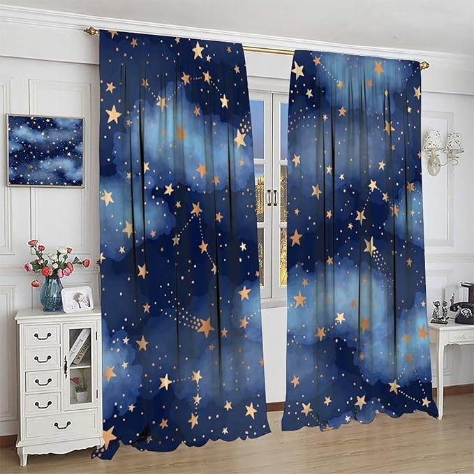 Starry Sky Blackout Curtains, Starry Scenery Blue Night Sky Stars Window Drapes for Kids Boys Girls Bedroom Living Room 72" W X 63" L
