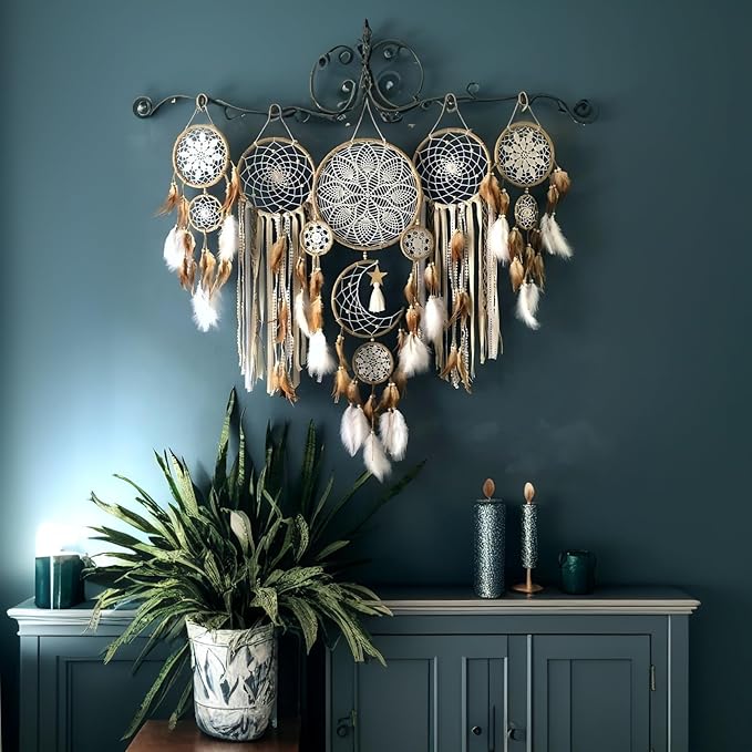 Dream Catcher Wall Decor,Large Boho Dream Catcher with Luxurious Feathers & Beads, Handmade Wall Hanging for Bedroom, Nursery, Living Room, Gift Ready for Girls & Adults (Gray)
