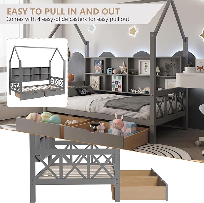 Twin House Bed with Roof and 2 Storage Drawers for Kids, Wooden Twin Size Bed Frame with Storage Shelves Guardrails and Wood Slats for Boys Girls, No Box Sping Required, Gray