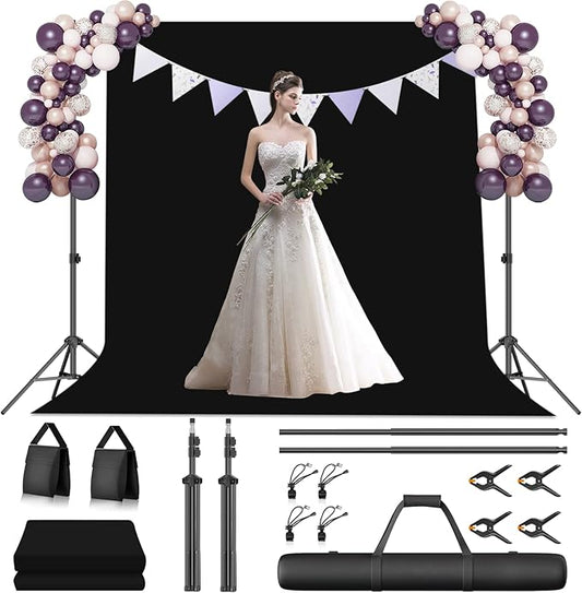 EMART Photography Backdrop Stand Kit 7 x 10 ft with Black Curtain, Adjustable Background Support System with Portable Large Polyester Fabric Screen for Photo Video Studio, Party, Live