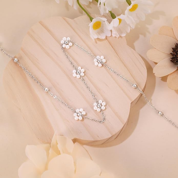 SmileBelle Pearl Necklaces for Women, Daisy Pearl Choker as Christmas Stocking Stuffers for Teens, Silver Daisy Pearls Jewelry Trendy Stuff Birthday Gifts 3 Pearls White Necklace as Wedding Jewelry
