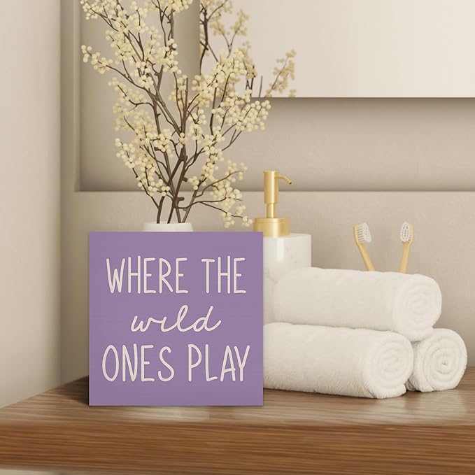 Where The Wild Ones Play Purple Wood Box Sign Desk Decor 5X5, Nursery Kids Room Wooden Block Sign Decorations for Playroom Toddler Boys Girls Room Wall Tabletop Shelf Decor