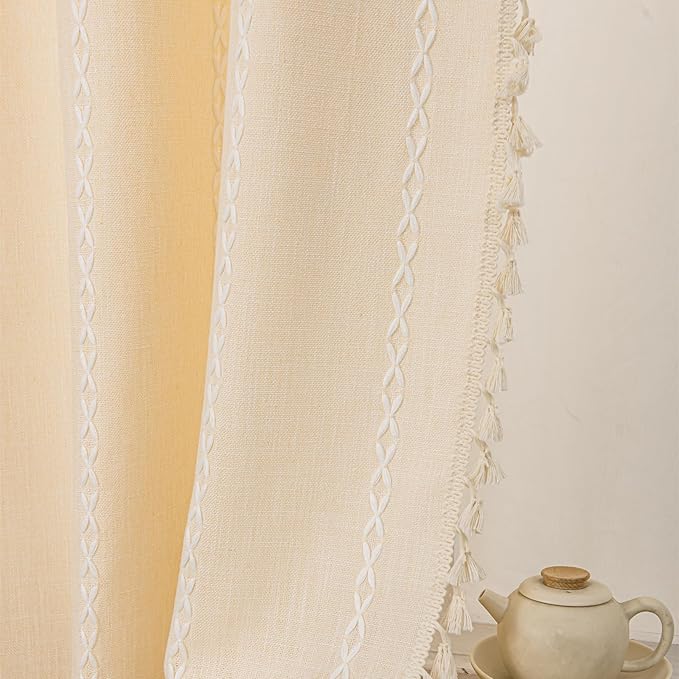 Deeprove Boho Curtains 96 Inches Long for Bedroom Living Room, Beige Cotton Linen Stripes Embroidery Weighted, Bohemian Farmhouse Window Treatment Drape Tassels, 1 Panel W52 x L96, Champagne