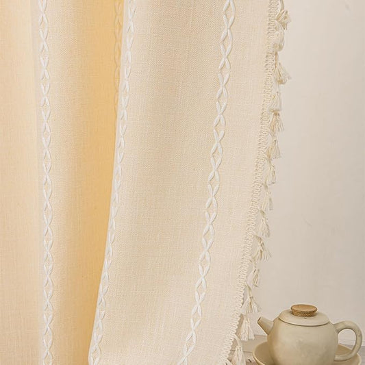 Deeprove Boho Curtains 96 Inches Long for Bedroom Living Room, Beige Cotton Linen Stripes Embroidery Weighted, Bohemian Farmhouse Window Treatment Drape Tassels, 1 Panel W52 x L96, Champagne