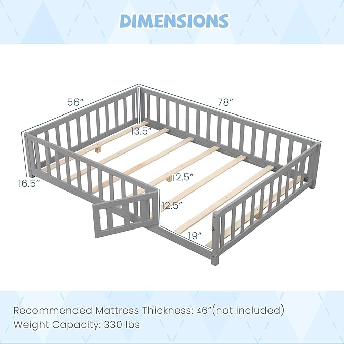 Giantex Full Size Floor Bed for Kids, Low Montessori Bed with Wood Slats & Safety Guardrails, Solid Wood Full Floor Beds with Fence and Door for Kids Boys Girls, Grey