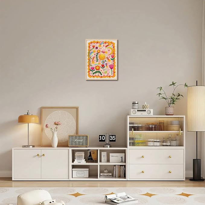 KISSFOX Framed Wall Art Nursery Wall Decor Floral Pictures Kids Cute Flower Canvas Art Sun Moon Stars Paintings Whimsical Celestial Artwork For Children Boys Girls Room Playroom