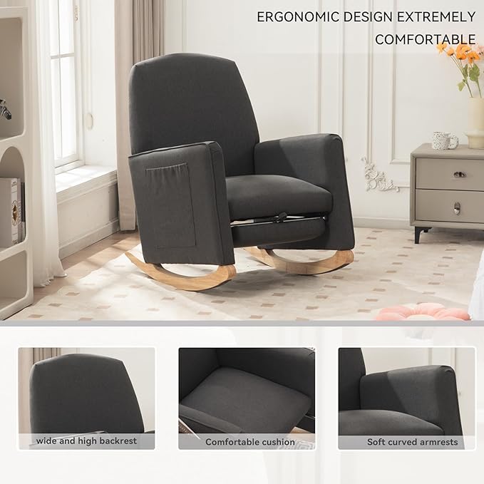 FOXHUNTER Rocking Chair Nursery with Adjustable Footrest and High Backrest, Upholstered Glider Chairs with Side Pockets for Nursery, Rocker Armchair Indoor for Living Room, Dark Gray