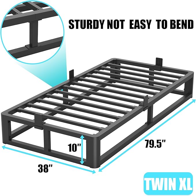 Upgrade Anti Bending and Round Corner Legs 10 inch Metal Twin XL Bed Frame 3500 LBS Heavy Steel Slats Support Platform Bed Frames No Box Spring Needed Platform Noise Free Easy Assembly