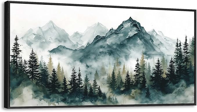 Large Framed Foggy Mountain Wall Art for Living Room, Watercolor Forest Landscape Canvas Paintings Artwork Green Nature Prints Art Rustic Wall Decor Modern Misty Pine Trees Pictures for Office 16"x30"