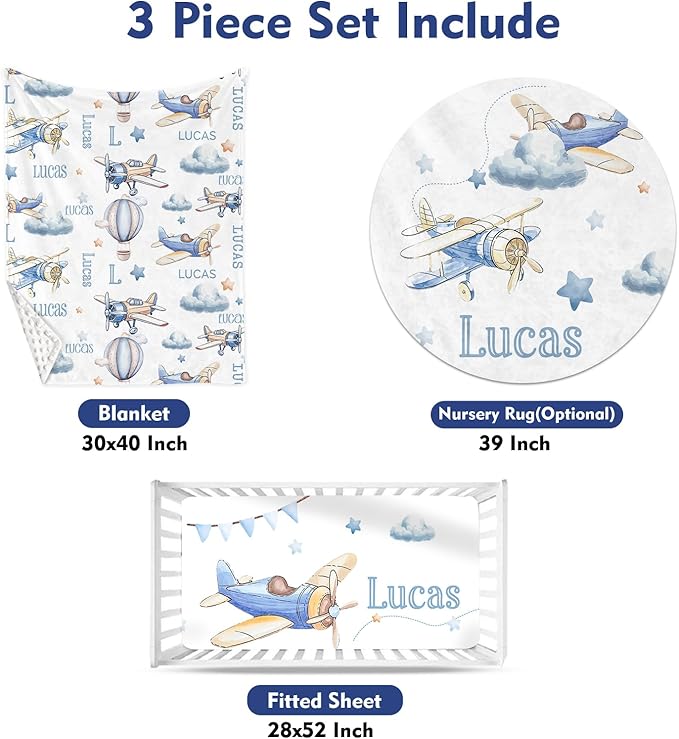 Custom Baby Crib Bedding Set - Toy Airplane Design Personalized Name Baby Nursery Bedding 3 Pcs Set - Chic Soft Blanket, Fitted Sheet, Room Rug for Newborns Boys Girls Gifts