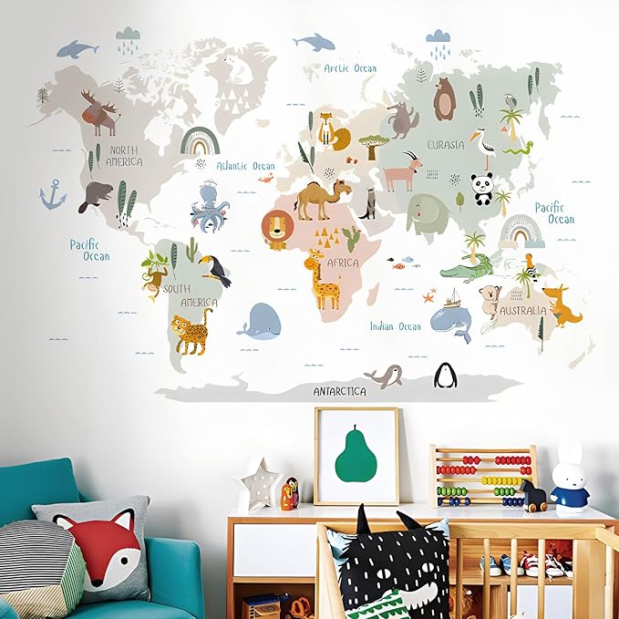 Animal World Map Wall Decals Jungle Animal Wall Stickers Forest Wild Animals Elephant Monkey Wall Art Vinyl DIY Removable Peel and Stick for Kids Boys Bedroom Nursery Classroom Home Decoration