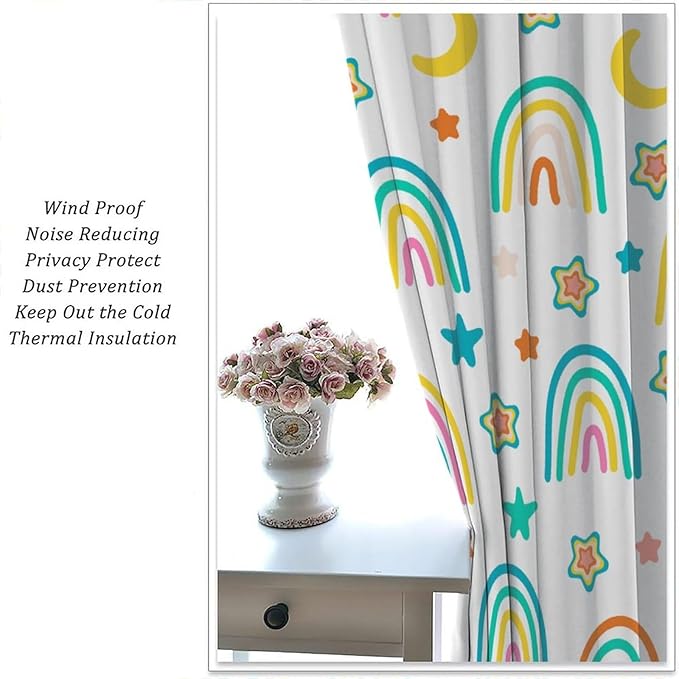 Kids Rainbow Curtains Cartoon Rainbow Abstract Bohemia Floral Lovely Stars Pattern Print Window Drapes for Girl Bedroom Living Room Kitchen Decor,2 Panel Set,52Wx84H Inch Blackout