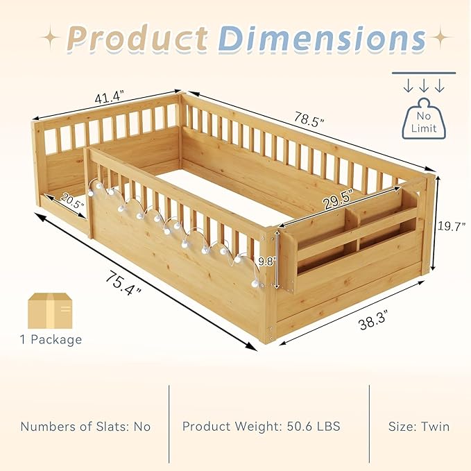 Twin Toddler Floor Bed with High Rails, Kids Montessori Bed Frame with Light and Storage Shelf, Wooden Twin Size Bed Frame for Girls and Boys, Natural