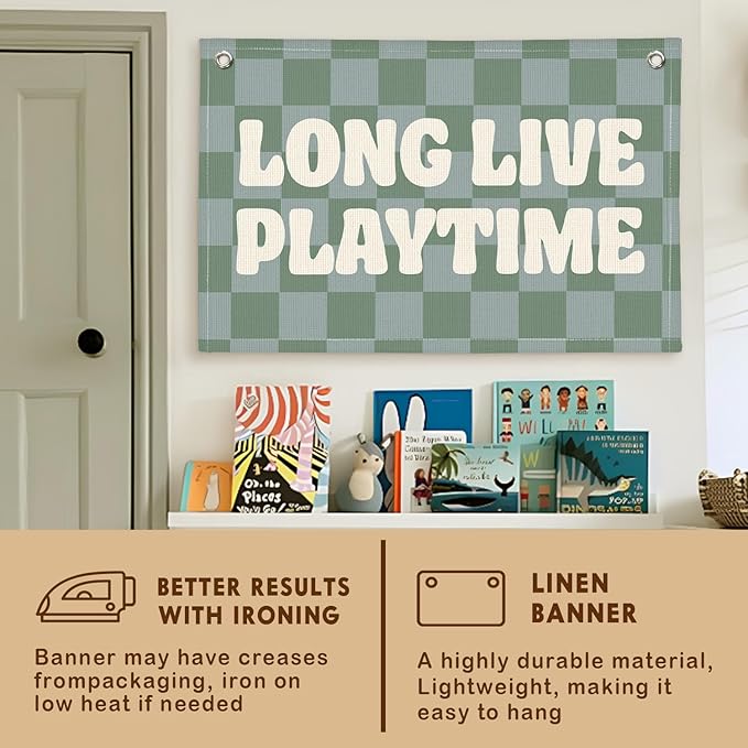 Lacama Playroom Decor, Play Room Wall Decor, Green Long Live Playtime Linen Banner Wall Hanging, Boho Cute Banner Flag Decor for Nursery Boys Room 30x20 Inch