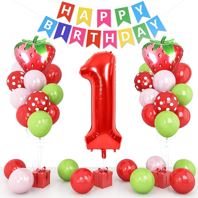 1st Strawberry Decorations for Girls, Red Pink Green Balloon With 40 Inch Number 1 Strawberry Foil Balloons Banner for Sweet One Baby Shower Berry First Birthday Party