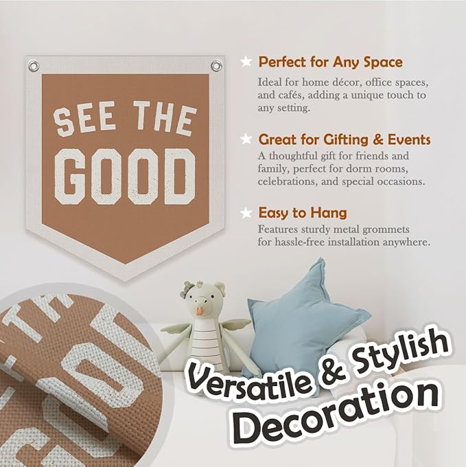 See The Good Banner – Boho Vintage Linen Pennant, Inspirational Wall Hanging Flag for Accent Decor, 12.4x14 in