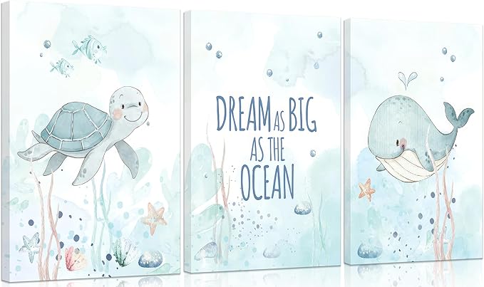 Ocean Nursery Canvas Wall Art Sea Turtle Whale Animal Painting Picture Wall Decor Sea Kids Room Poster Print Artwork for Baby Boys Girl Children's Room Bedroom Home Decoration