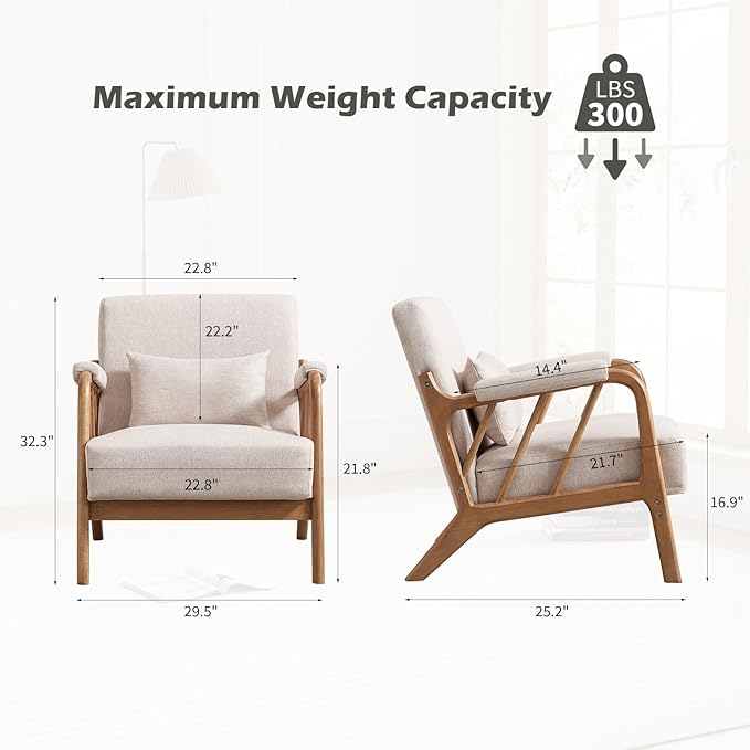 Mid Century Modern Accent Chair with Solid Wood Frame, Upholstered Living Room Chairs with Lumbar Cushion Padded Arms, Reading Armchair for Bedroom (1, Linen Beige)