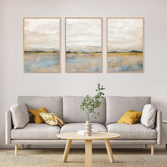 HLNIUC Large Abstract 3 Piece Wall Art 24x36, Neutral Distant Mountain Wall Decor, Watercolor Beige Dusty Nature Landscape Painting, Modern Pastel Scenery Art Prints for Living Room, Bedroom, Office
