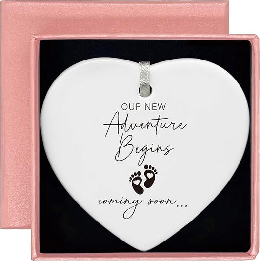 Heart Shaped Christmas Ornament-Pregnancy Announcement Gifts-Promoted to Grandparents Aunt Uncle-New Baby Coming Soon Reveal Keepsake for Mom Dad Sister Brother Friends Ceramic Decor