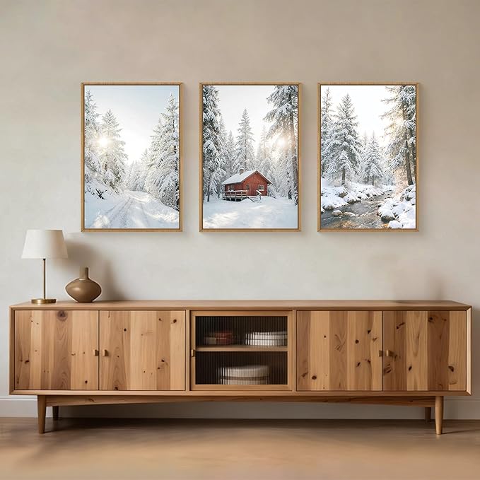 FWIEXA Christmas Winter Canvas Wall Art Set 3, Red Barn Snowy Forest Framed Prints, Farmhouse Cabin Pine Tree Paintings, 16x24In Country Stream Landscape Artwork for Holiday,Gift,Living Room,Bedroom