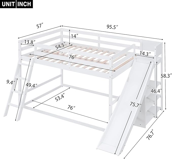 Full Over Full Bunk Bed with Ladder, Wooden Bunk Bed Frame with Slide and Shelves, Low Bunk Bed for Kids Teens Adult, Space-Saving Bedroom Dormitory Furniture (White + Pine-05)