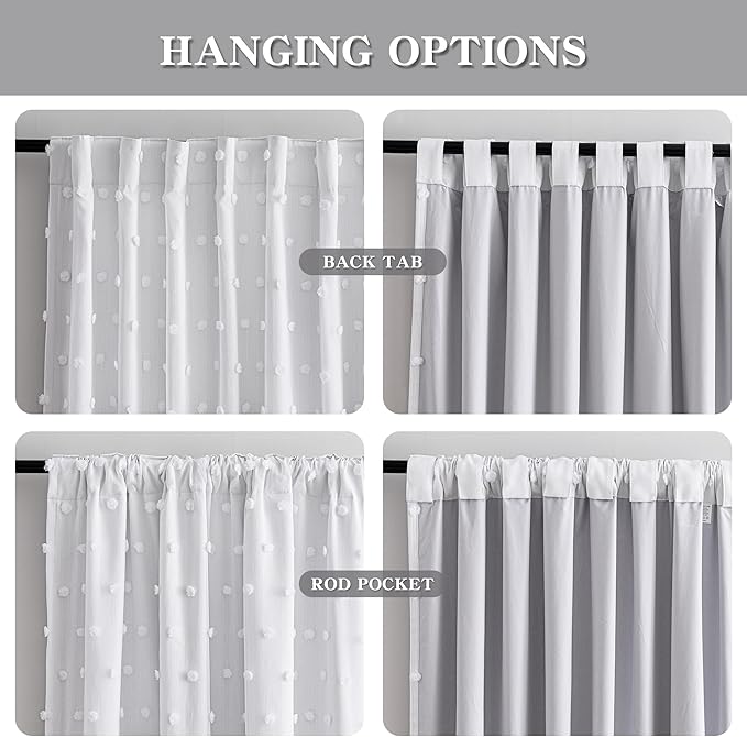 MYSKY HOME 100% Black Out Curtains for Bedroom White Blackout Curtain 63 Inches Long Thermal Insulated 2 Panels Short Kitchen Drapes with White Pom Pom Sheer Room Darkening Back Tab, 52 x 63 in