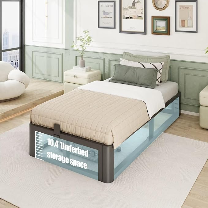 Metal Heavy Duty 12 inch Twin XL Bed Frame with Rounded Corner and Headboard Hole Mattress Retainers 3500 LBS No Box Spring Needed Platform Noise Free Easy Assembly