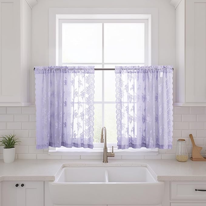 Light Purple Short Sheer Curtains 36 Inch Length, 2 Panels, W42 x L36 Inch Each, Country Rusitc Floral Vintage Small Lace Curtains for Kitchen Window Over Sink, Rod Pocket Privacy Lacy Tier Curtain