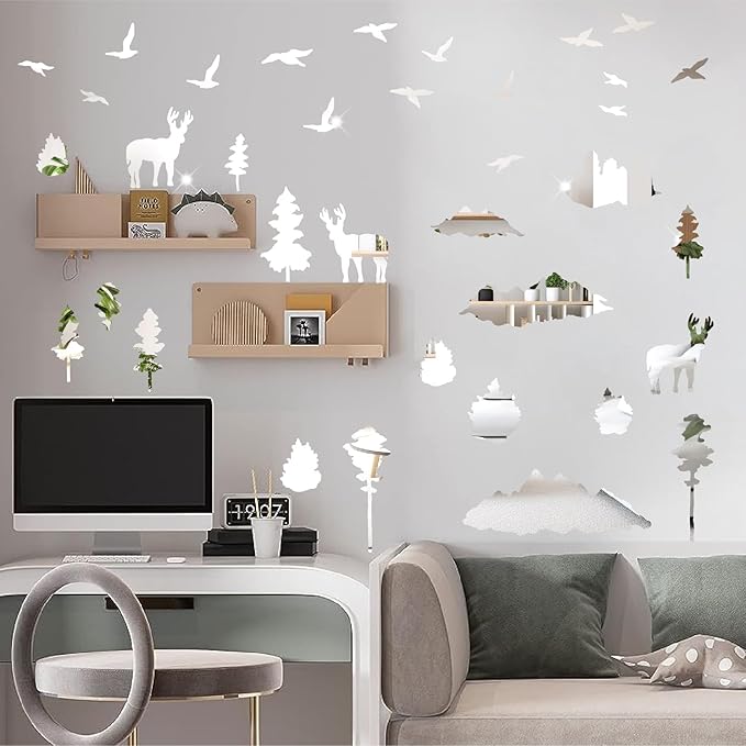 Woodland Tree Animal Wall Stickers Removable 3D Mirror Acrylic Wall Decals Mountain Pine Trees Decals Peel and Stick Forest Animals Tree Decor for Bedroom Living Room
