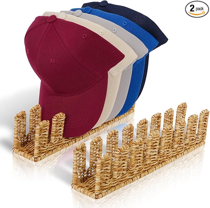 Synthetic Rattan Hat Organizer for Baseball Caps – Holds 14 Snapbacks, Trucker & Flat Brim Hats – Stylish Freestanding Display & Storage Rack for Closet, Bedroom, Entryway (2-Pack, Natural)