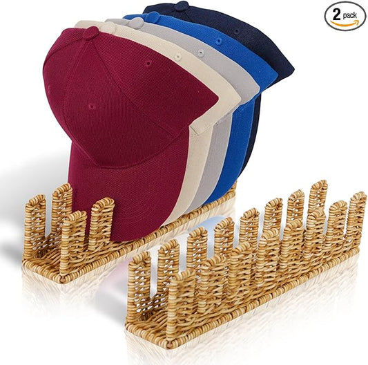 Synthetic Rattan Hat Organizer for Baseball Caps – Holds 14 Snapbacks, Trucker & Flat Brim Hats – Stylish Freestanding Display & Storage Rack for Closet, Bedroom, Entryway (2-Pack, Natural)