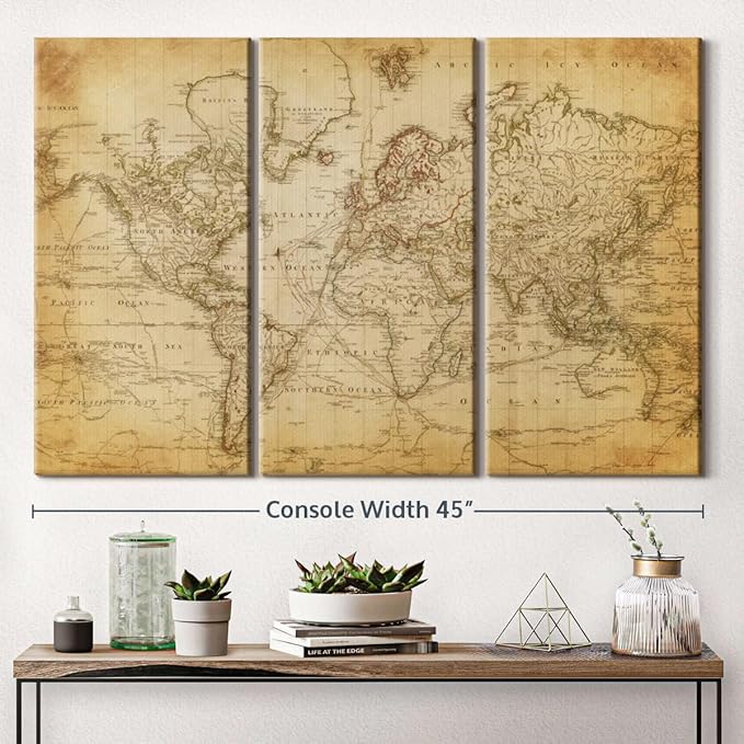 ElephantStock Old Century World Map Wall Art Multi Piece Canvas - 3 Piece Canvas World Map Wall Decor - Ready-to-Hang Print - Vintage Wall Art - 45" X 28"
