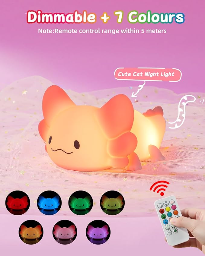 ZKLiLi Remote Axolotl Kids Nightlight,Cute Lamp Dimmable Axolotl Night Light Gifts with Timer & 16 Colors,Rechargeable Bedroom Smart LED Bedside Lamps Toddler Night Light（Remote）