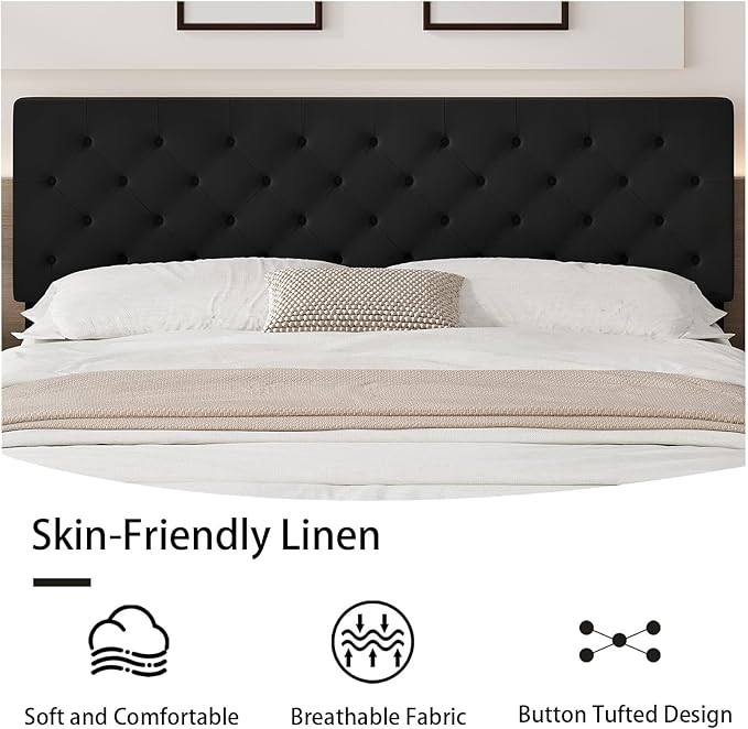 BarnFurin King Bed Frame, Upholstered Platform Bed with Button Tufted Headboard, Fabric Bed Frame with Wooden Slats Support, No Box Spring Required, Easy Assembly, Black