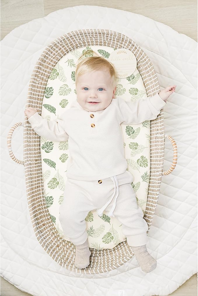 Konssy 2 Pack Muslin Bassinet Sheets for Baby Boy, 100% Cotton Soft Breathable Bassinet Mattress Sheets Fit for Hourglass Oval Cradle Rectangle Mattress (Palm Paradise,Sage)