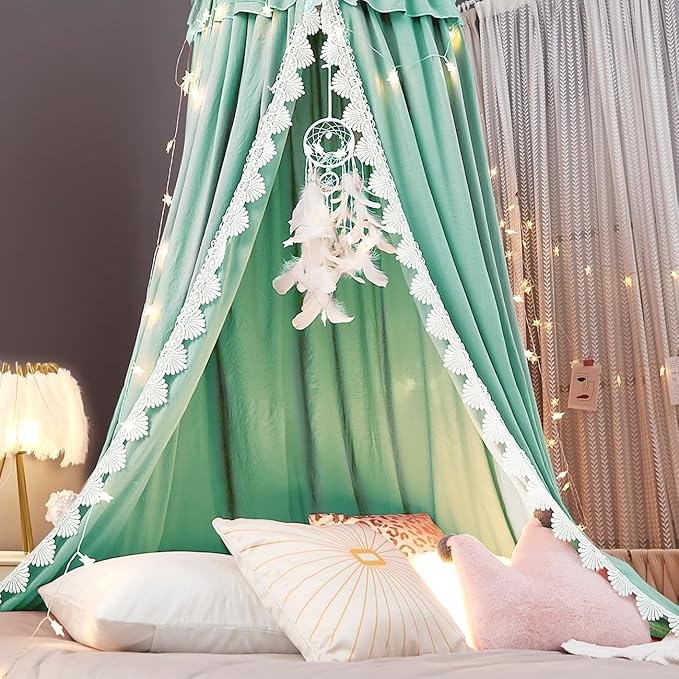 Kertnic Bed Canopy for Girls, Ruffled Soft Pink Princess Canopy Dreamy Bow Decor, Bed Canopies for Kids Room, Hanging Canopy Bedding Drapes Toddler Reading Nook Play Tent (Green)