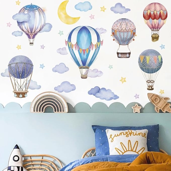 Runtoo Large Hot Air Balloon Wall Decals Nursery Colorful Moon Stars Cloud Balloon Wall Art Stickers Baby Kids Bedroom