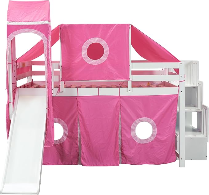 Playhouse Full Size Low Loft Bed with Slide & Tent and Tower, Solid Wood Tent Bed Frame with Storage Staircase for Kids Teens Boys Girls, Versatile Spacious Under Bed Space with Curtains (Pink-TXF)