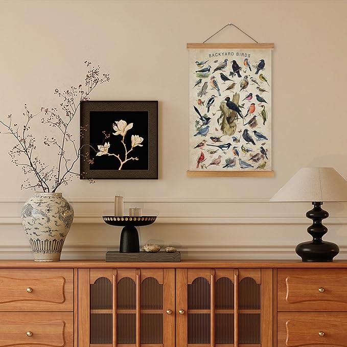 KAIRNE Vintage Backyard Birds Canvas Wall Art Set,Bird Identification Poster Chart,Hummingbird Decor,Birds Art Prints(35x56cm)landscape Wall Decor,Ideal Nature-Inspired Home Decor for Bird Enthusiasts