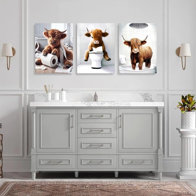 Hianan Funny Bathroom Highland Cow Canvas Wall Art, Cute Brown Cow Bathroom Wall Decor, Framed Animal Bathing Poster Prints, Retro Rustic Farmhouse Wrapped Canvas Artwork for Bathroom Restroom 16"x24"x3