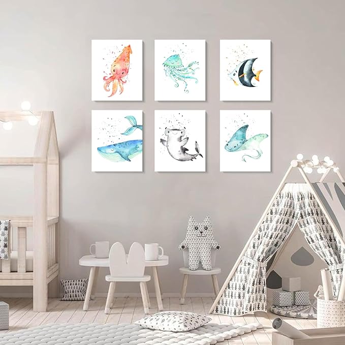 Wodkwq Nursery Wall Art Sea Animal Canvas Prints Baby Girl Boy Room Decor Watercolor Paintings Pictures Cute Ocean Theme Toddler Room Decoration Set of 6 for Kids Bedroom Bathroom 8x10in Unframed
