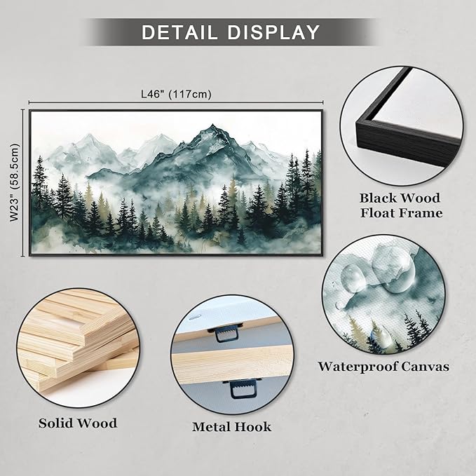 Large Framed Foggy Mountain Wall Art for Living Room, Watercolor Forest Landscape Canvas Paintings Artwork Green Nature Prints Art Rustic Wall Decor Modern Misty Pine Trees Pictures for Office 23"x46"