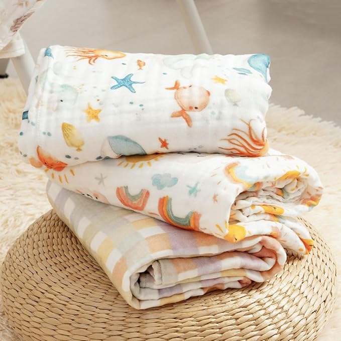 Muslin Swaddle Blankets 6-Layer Cotton Baby Blankets for Boys & Girls 43"X43"Inches Receiving Blankets,Soft Skin-Friendly Baby Crib Blanket,Breathable Quilt Bedspread(Sunny)