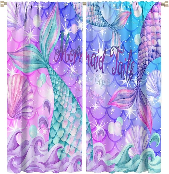 Dream Mermaid Curtain Colorful Mermaid Shell Ocean Theme Fantasy Blackout Curtains for Kids Boys Girls Bedroom Nursery Room Decor Rod Pocket Window Drapes 63x72in