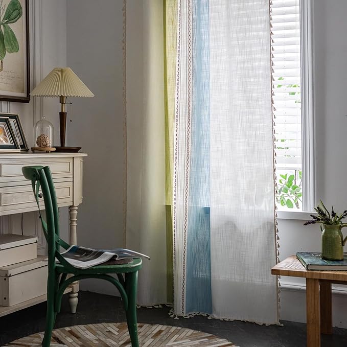 Deeprove Boho Linen Curtains 96 inch Long for Bedroom Living Room, French Retro Farmhouse Tassels Window Treatment Bohemian Embroidery Drape Rod Pocket 1 Panel 52" W x 96" L, Blue and Sage Green