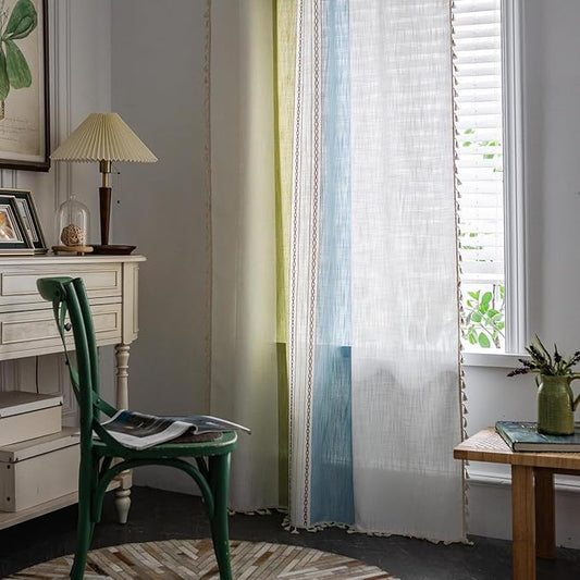 Deeprove Boho Linen Curtains 72 inch for Bedroom Living Room, Semi Blackout Country Rustic Tassels Window Treatment Bohemian Embroidery Drape Rod Pocket 1 Panel 52" W x 72" L, Blue and Sage Green