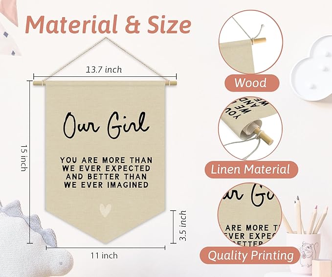 Girls Room Decor, Girl Nursery Linen Canvas Banner, You Are More Than We Ever Expected Neutral Wall Hanging Pennant Flag Banner for Girl Kids Toddler Room Bedroom Playroom Decor, 15x11in