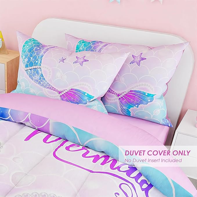 SANDJEST Mermaid Duvet Cover Sets Twin Size for Kids Girls, Include 1 Polyester Comforter Cover 68x86 Inches and 1 Pillowcase 20x26 Inches, Comforter Not Included, Gift for Christmas Birthday