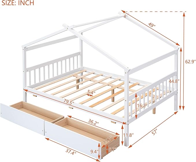 Harper & Bright Designs Full Size House Bed for Kids With Two Drawers, Wooden Frame With Storage, Roof Design for Girls Boys, White